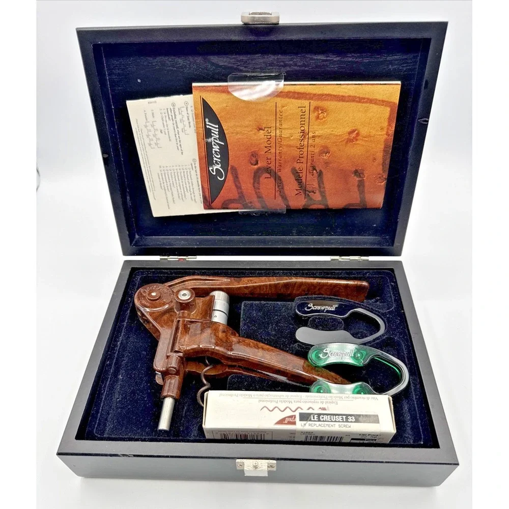 Vintage Screwpull LM-200 Lever Wine Opener Set Faux Burl Wood Le Creuset